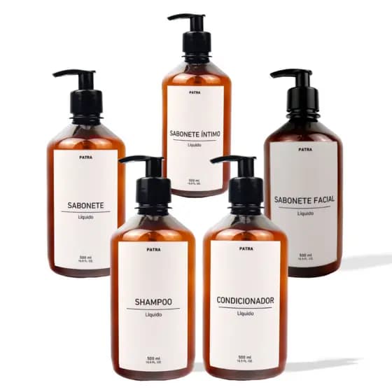 kit Banho Frasco Âmbar 5pçs Shampoo Condicionador Sabonete líquido Sabonete íntimo E Sabonete facial Dispenser