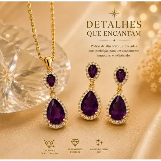 Conjunto Colar e Brinco Feminino Gota Pedraria lilas escuro roxo com Strass e Cristal Semijoia Elegante