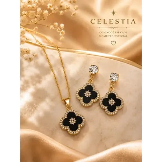 Conjunto Feminino Trevo Preto Cravejado Strass Colar + Brinco Semijoia Luxo Delicado