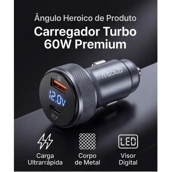Carregador Veicular 60W Turbo USB-C PD + QC3.0 9.1A Rápido LED Carro iPhone Android CJ12-4