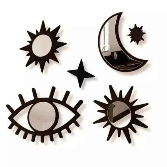 Kit 6 Peças Espelho Acrílico Decorativo Místico Celestial com Moldura MDF