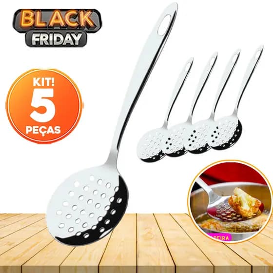 Kit 5 Escumadeiras Inox para Frituras e Arroz - Linha Recife, Alta Qualidade e Envio Imediato