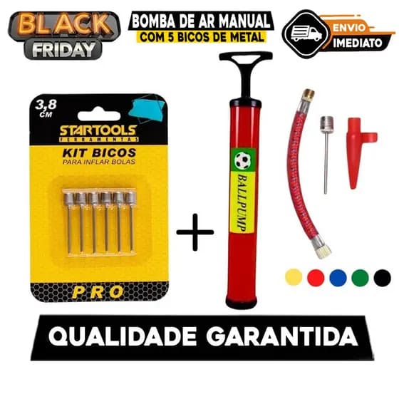 Bomba de Ar com 5 Bicos de Metal para Encher Bolas Futebol Vôlei Basquete Bico Encher Infláveis Boia Colete Balões