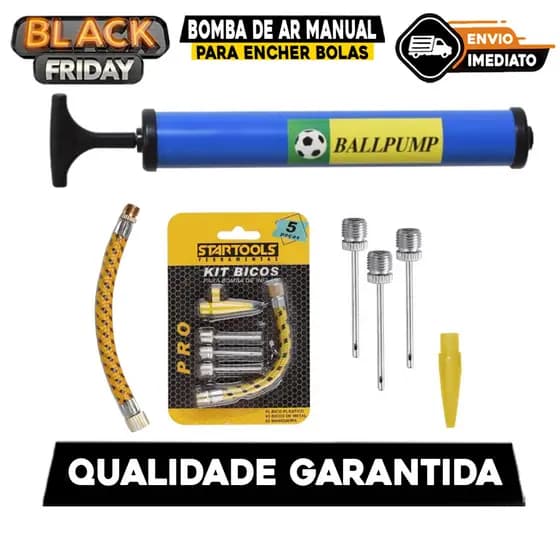 Bomba Ar Manual Encher Bolas Piscina E Kit de Bicos Futebol Voley Basquete