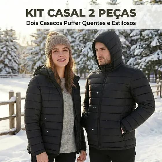 Kit Casal Jaqueta Puffer Premium Masculina + Feminina Impermeável com Capuz Inverno Frio Intenso
