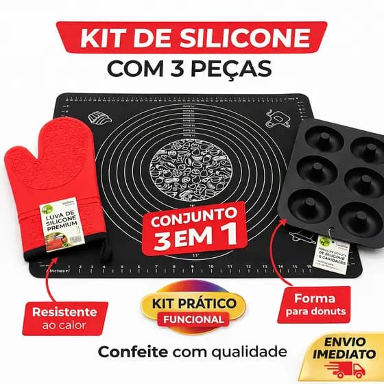 - Kit de Silicone para Confeitaria 3 Peças – Tapete + Luva Térmica + Forma de Donuts - Aproveite