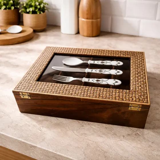 Porta Talher Organizador em Madeira Pinus com Tampa 4 Divisórias Porta Utensílios Decoração Mesa Jantar Cozinha Elegante