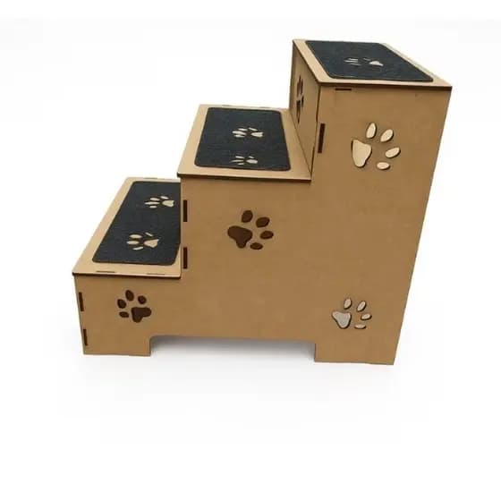 Escada 3 Degraus P/ Pet MDF Cru 45cm Escadinha P/ Cães Gatos Idosos ou Filhotes Cama Sofá Resistência Antiderrapante