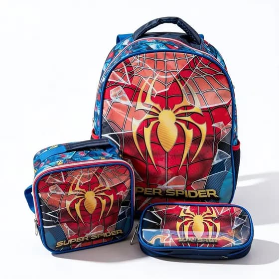 Kit Mochila Escolar Homem Aranha 17" com Rodinhas + Lancheira Térmica + Estojo Bolsa de Menino