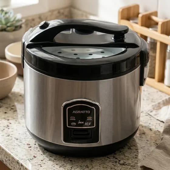 Panela Elétrica de Arroz Inox e Visor Transparente Vaporeira Agratto 6X Xícaras 110 220 Antiaderente