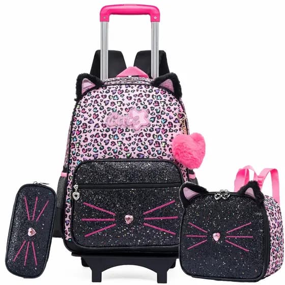 Mochila Infantil Menina Mochilas Rodinha Mochila Bordo Kit Casual Infantis Gato Malhado