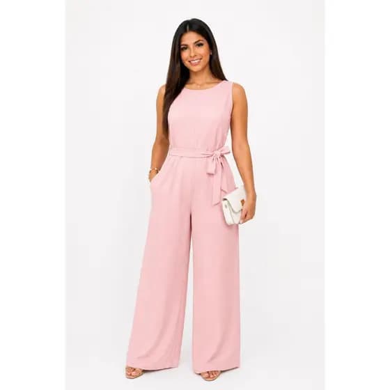 Macacão Feminino Longo Alfaiataria com Amarração na Cintura Elegante Moda Feminina
