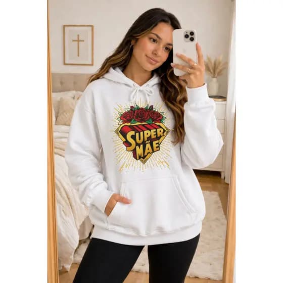 Moletom Canguru Super Mãe Estampa Floral Look Casual Feminino Tendência / Moda Estilo