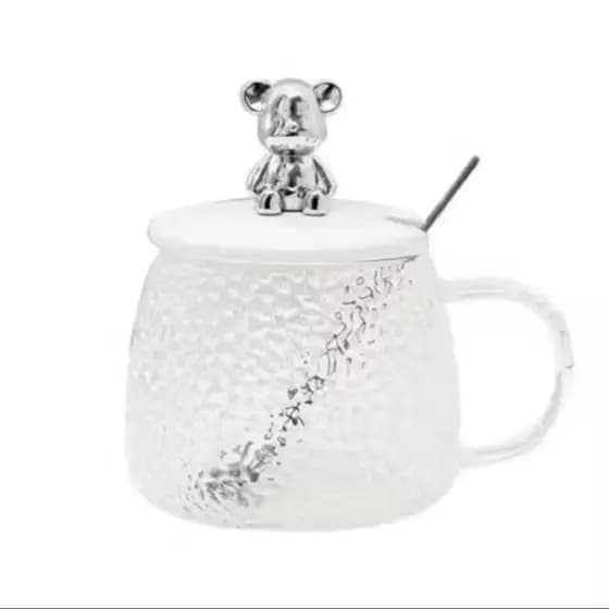 Açucareiro Caneca Copo De Vidro Texturizado 400ML Tampa De Ursinho Acompanha colher Decor Sua mesa..