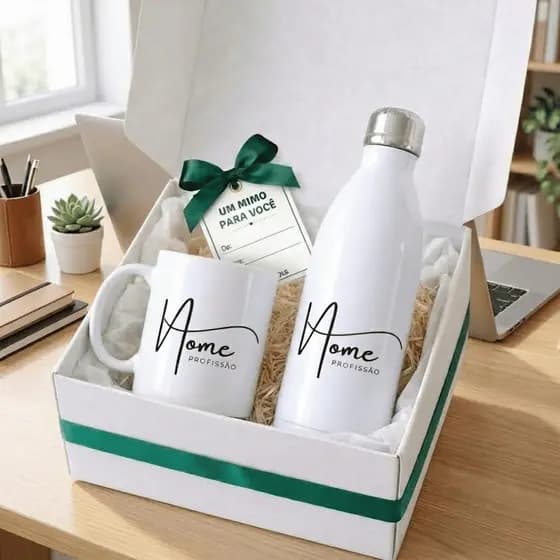 Kit Caixa Presente Profissão Personalizado – Caneca + Garrafa Térmica