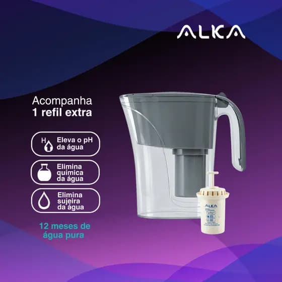 Jarra Purificadora de Água Alcalina Alka Cinza com 1 Refil Extra Reduz Cloro Aumenta Ph Rende