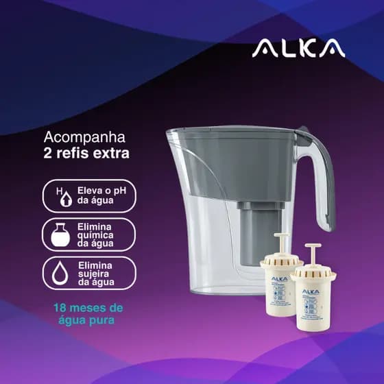 Jarra Purificadora de Água Alcalina Alka Cinza com 2 Refis Extra Reduz Cloro Aumenta Ph Rende