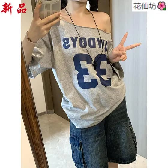 Americano puro desejo ombro inclinado sem alças de manga curta camiseta feminina verão solto estilo simples mais magro o