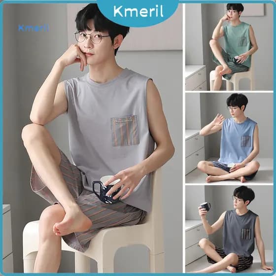 { kmeril.th1 } Conjunto De Pijamas Masculinos Em Torno Do Pescoço Sem Mangas Solto Ajuste Macio Respirável Loungewear Du