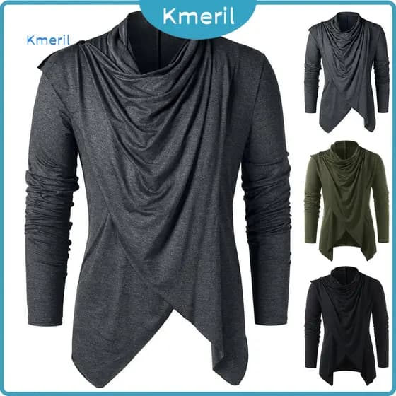 { kmeril.th } Camisa Masculina De Outono Vintage Mangas Compridas Cor Sólida Cardigã Assimétrico Quente Gola Xale Mediev