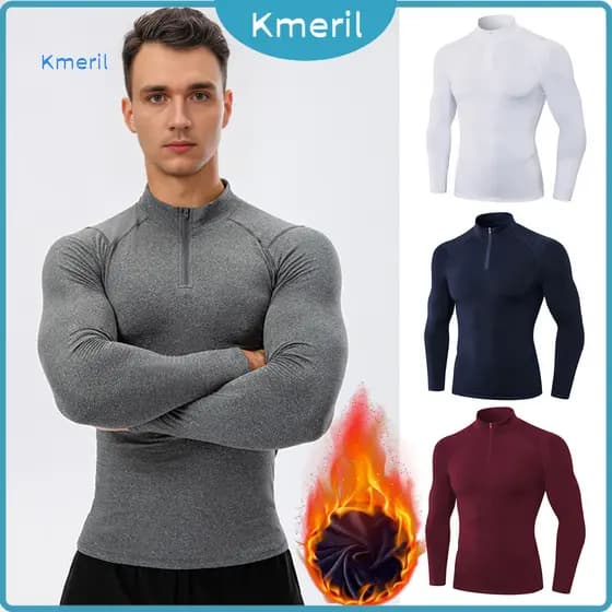 { kmeril.th } Outono Inverno Masculino Top Térmico Forro De Pelúcia Zíper Gola Alta Camisa De Manga Longa Slim Fit Stret