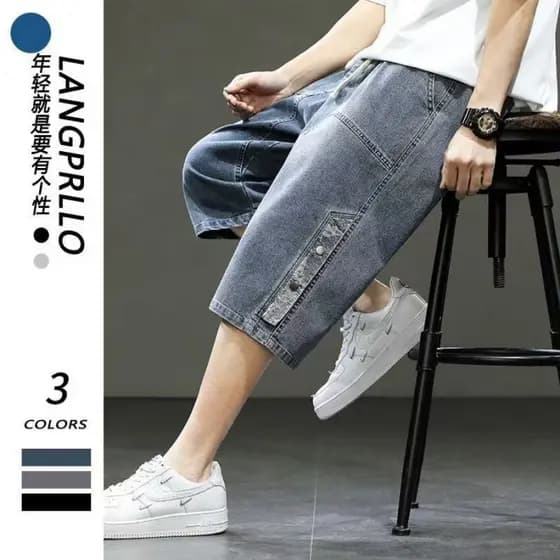 Verão solto tamanho grande Denim calças cortadas elásticas cintura média calças Extra grande mais gordura Casual gravata