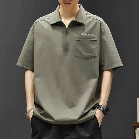 Camisa Polo masculina de manga curta verão camisa solta gola macacão camiseta masculina Casual estilo japonês seda gelo