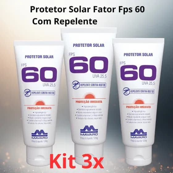 Kit 3 Protetor Solar Fator Fps 60 Com Repelente 120g Mavaro