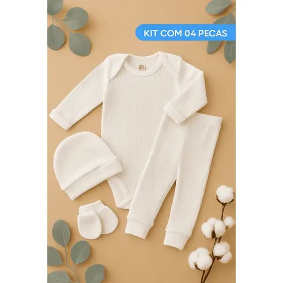 Kit Saída De Maternidade Body + Mijão + Touca + Luva / Tecido Canelado Maximo Conforto