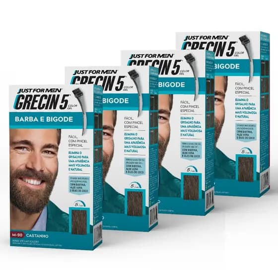 Kit 4x unidades Grecin 5 Color Gel Barba e Bigode Castanho M-90 - Cobre os fios grisalhos 5 minutos. Aparência natural.