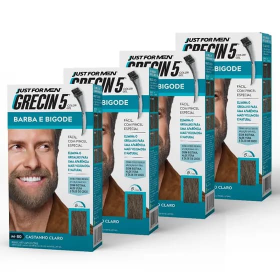 Kit 4x unidades Grecin 5 Color Gel Tintura Barba e Bigode Castanho Claro M-80 28g - Cobre os fios grisalhos em 5 minutos