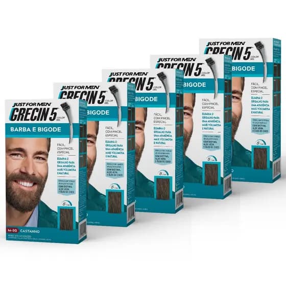 Kit 5x unidades Grecin 5 Color Gel Barba e Bigode Castanho M-90 - Cobre os fios grisalhos 5 minutos. Aparência natural.