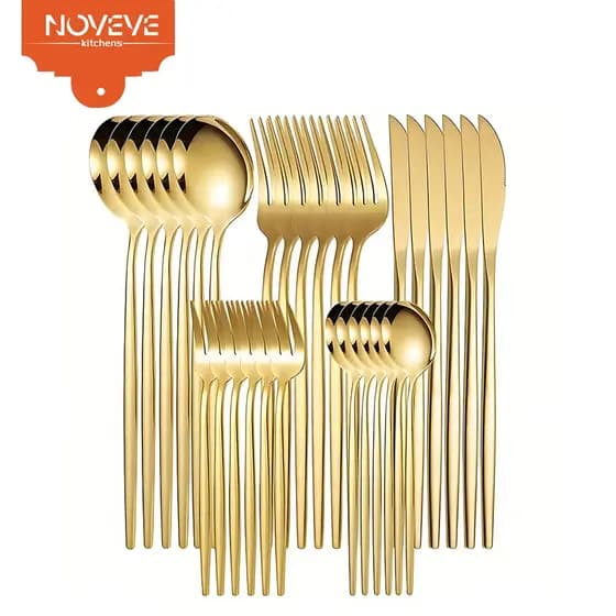 NOVEVE 24 Peças Talheres Dourado de Aço Inox Garfo Colher Faca Colher De Mesa