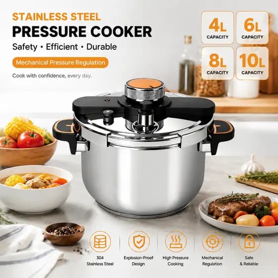 Panela de Pressão Aço Inox 4-10L – Fundo Triplo, SecureLock, Indução e Gás – Fechamento Externo