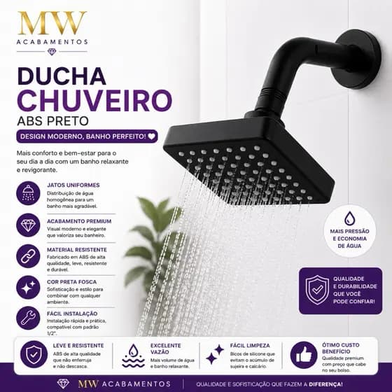 Chuveiro Ducha Articulável ABS Preto