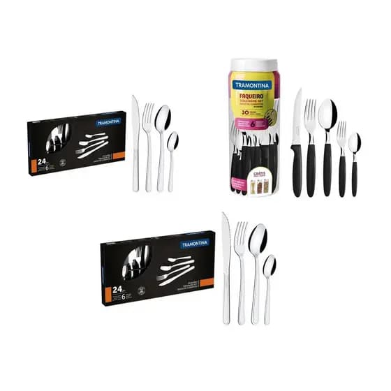 KIT - 1 Faqueiro Inox 30 Peças Ipanema Preto + 2 Faqueiros Inox 24pç - Tramontina