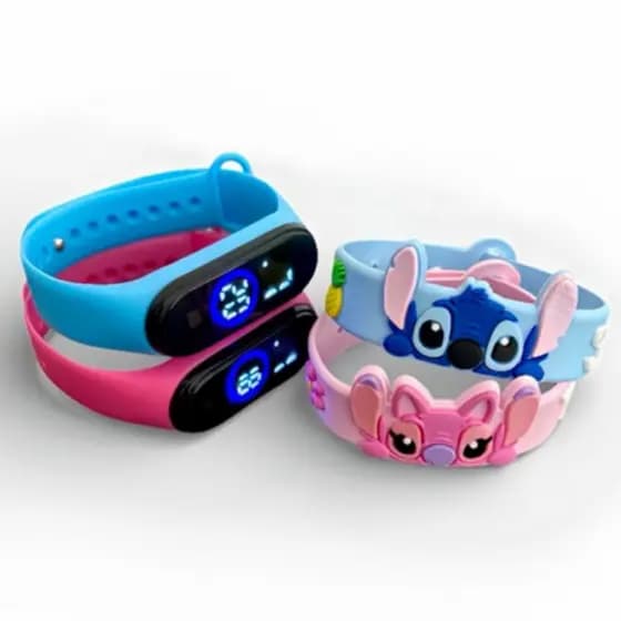 Kit Relógio Digital e Pulseira Infantil Stitch Meninos e Meninas