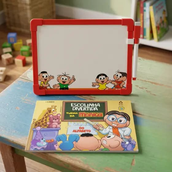 Kit Turma da Monica Serie Escolinha Divertida Lousa e Livro Alfabetização Caligrafia