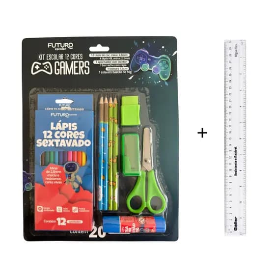 Kit Escolar Completo Lápis De Cor 12 Cores Régua Tesoura Cola Borracha Apontador Fundamental e Medio