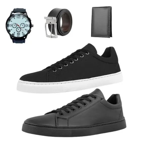 Kit 2 Tênis Preto com Branco E Preto + Carteira + Relógio + Cinto