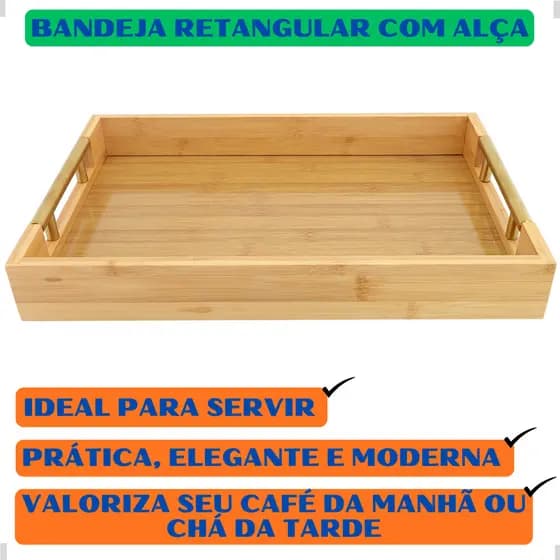 Bandeja retangular - café da manhã - com alças - 25 x 35 x 5