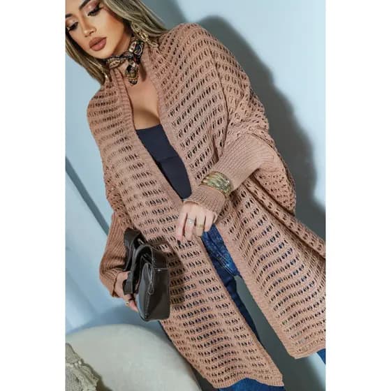 Poncho Kimono de Tricot Feminino Manga Longa Aberto Lançamento Elegante Moda Inverno RS Malhas