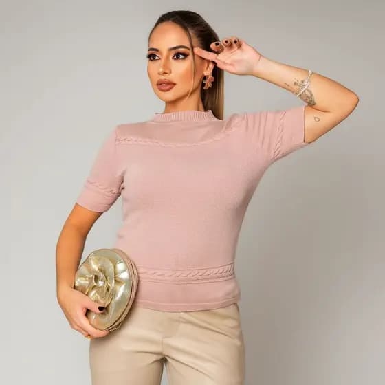 Blusa Feminina Cropped Tricot Modal com Detalhes em Trança e Manga Curta | RS Malhas 💖