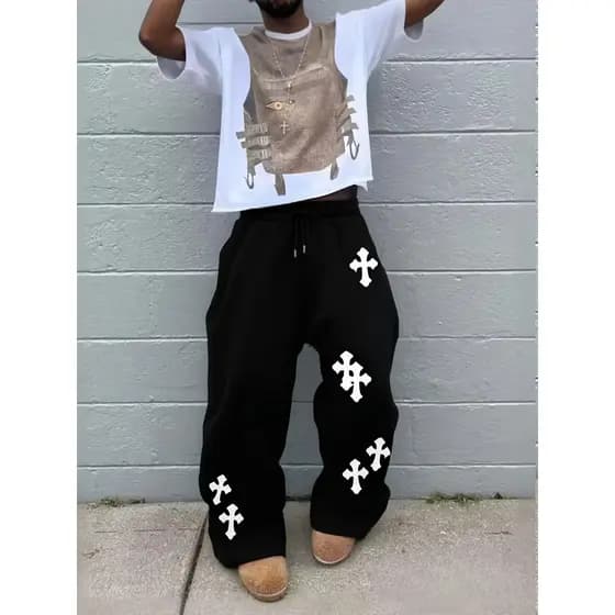 2025 Na Moda Masculina Preto Calças De Perna Larga Grande Branco Cruz Impressão Rua Hip-Hop Soltas Casuais Jogging Gótic