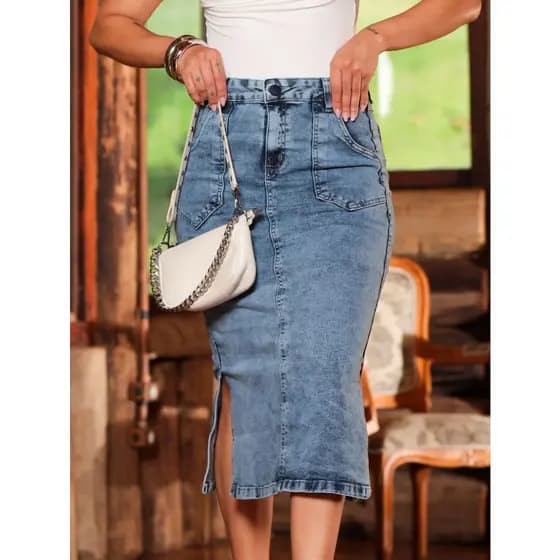 Saia Midi Jeans Com Lycra Com Fendas Laterais Modéstia Igreja Modesta