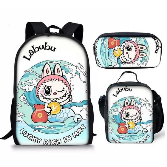 Novo conjunto de três peças Labubu: bolsa transversal, estojo e mochila escolar, fofo e versátil.