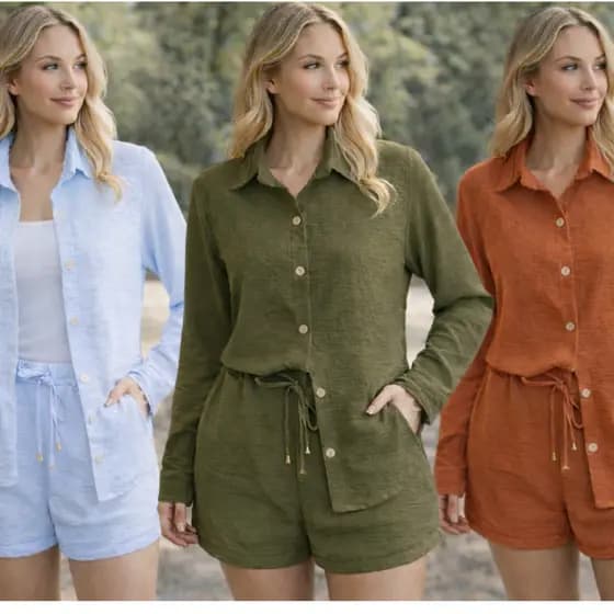 Conjunto Feminino Duna Premium Oscar Modas Camisa Manga Longa Botões + Short com Amarração Elástico na Cintura