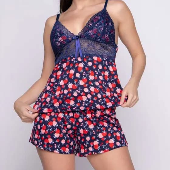 Baby doll pijama curto de alça regulavel estampado de suede e renda feminino