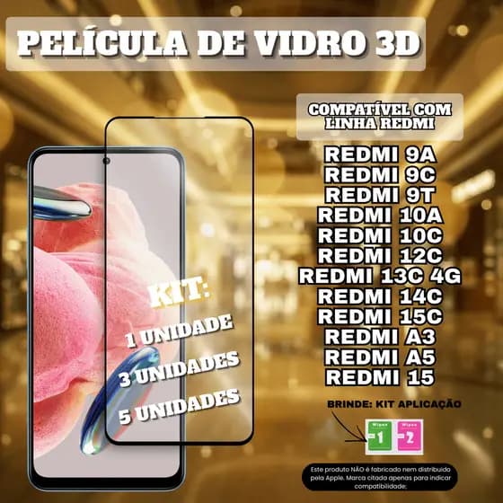 Kit Película De Vidro 3D Compatível com Xiaomi Redmi 9A 9C 10A 10C 13C 15 15C A3 A5 15