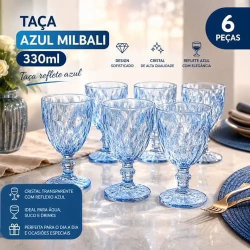 Conjunto 6 Taças Vidro Azul Capacidade 330 Ml Design Moderno Ideal Bebidas